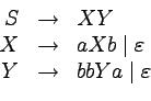 \begin{displaymath}
\begin{array}{rcl}
S &\to& XY \\
X &\to& aXb \;\vert\;\varepsilon \\
Y &\to& bbYa \;\vert\;\varepsilon
\end{array} \end{displaymath}